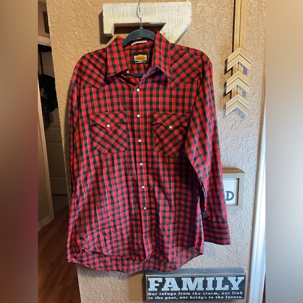 Vintage HOLT Western Wear Red Black Plaid Pearl Snap Mens’ Size XL